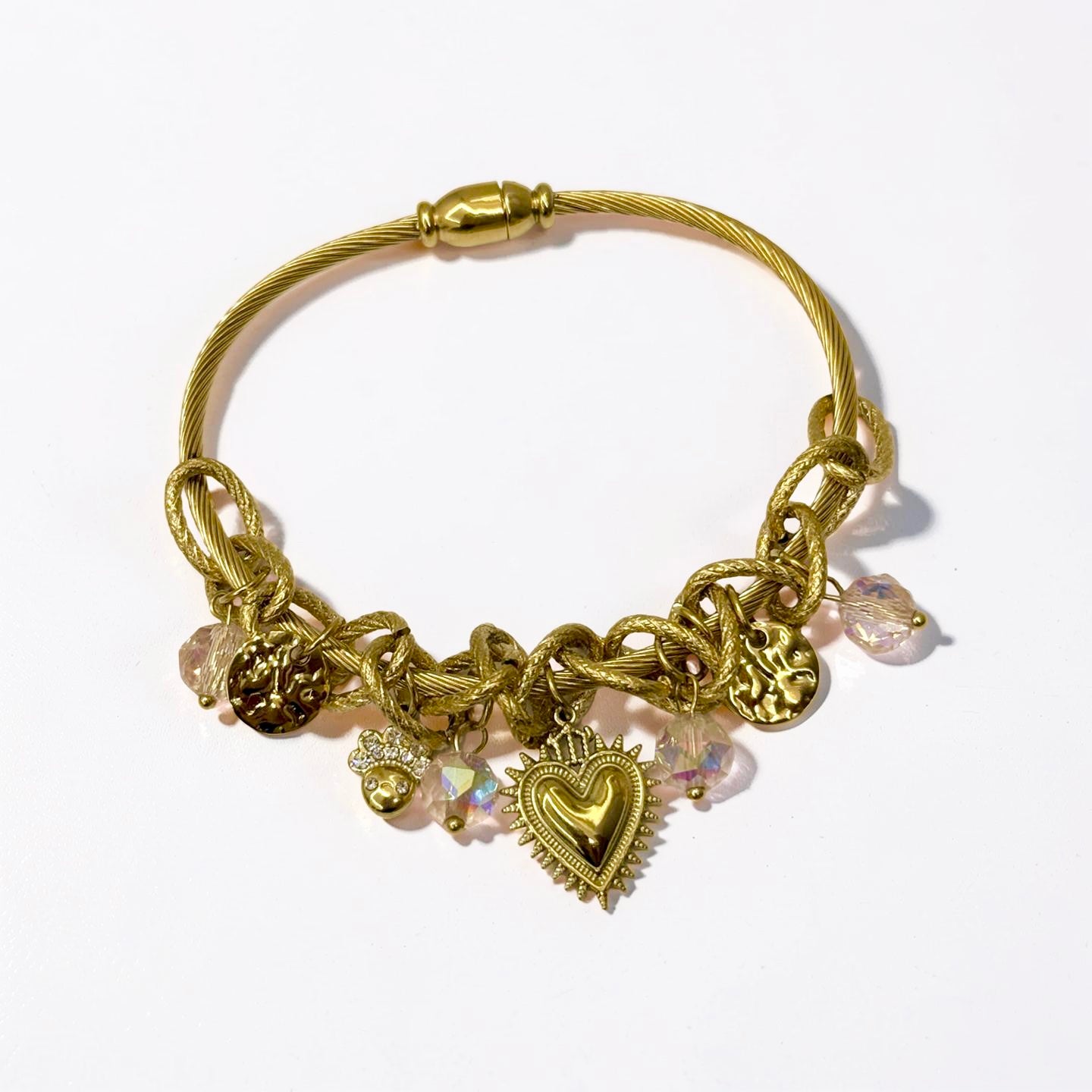 Golden Vintage Heart Charm Bangle Bracelet
