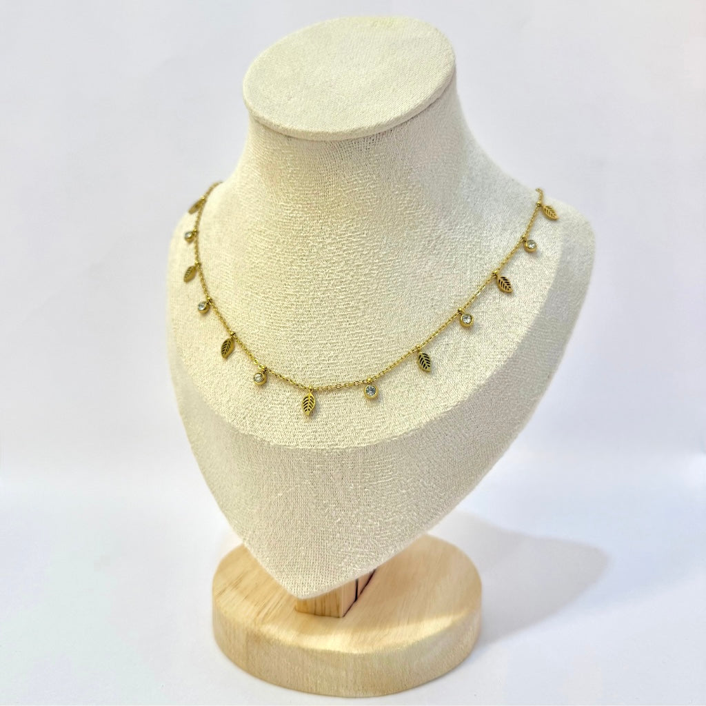 Leaf Charm Crystal Gold Necklace