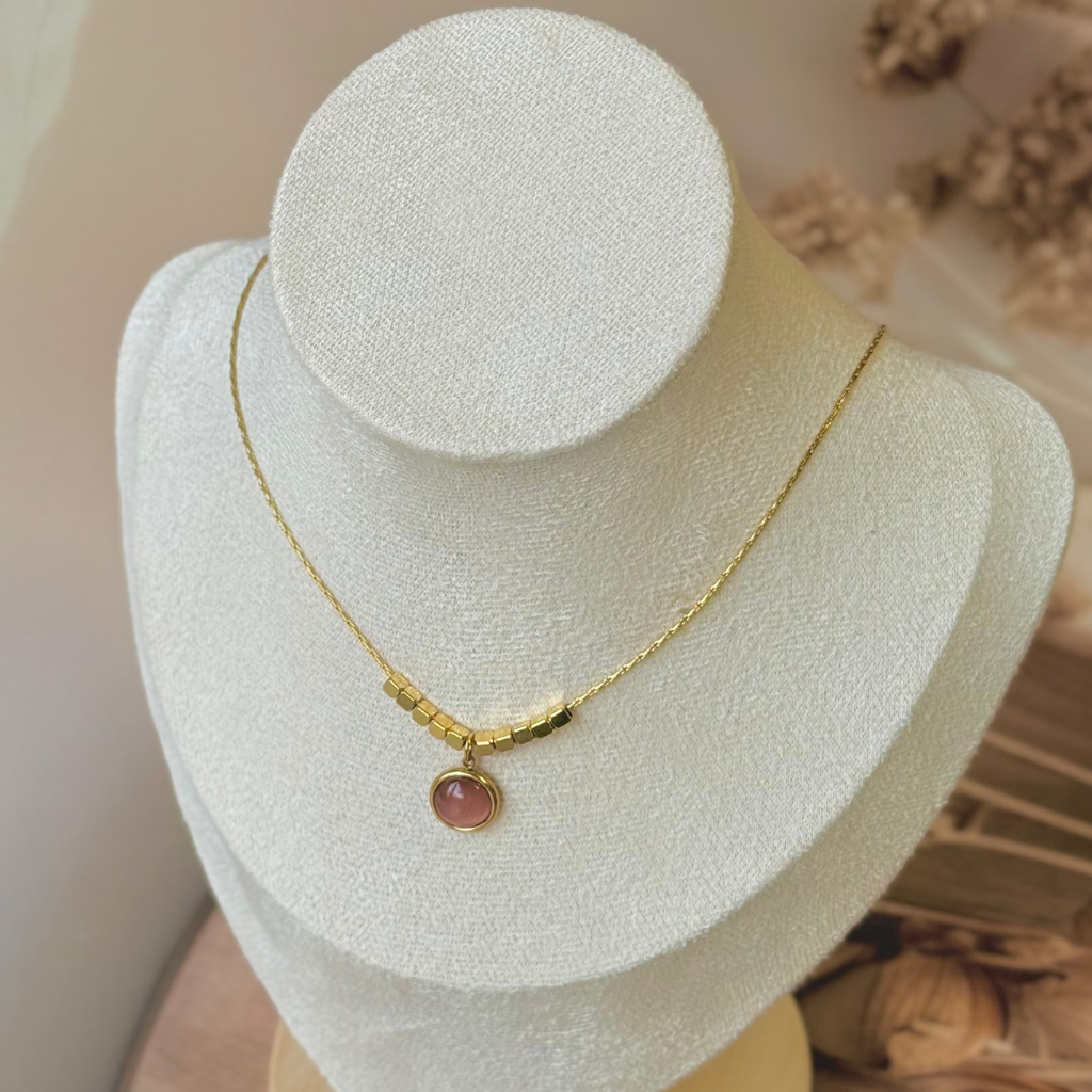 Pink Stone Bar Gold Necklace