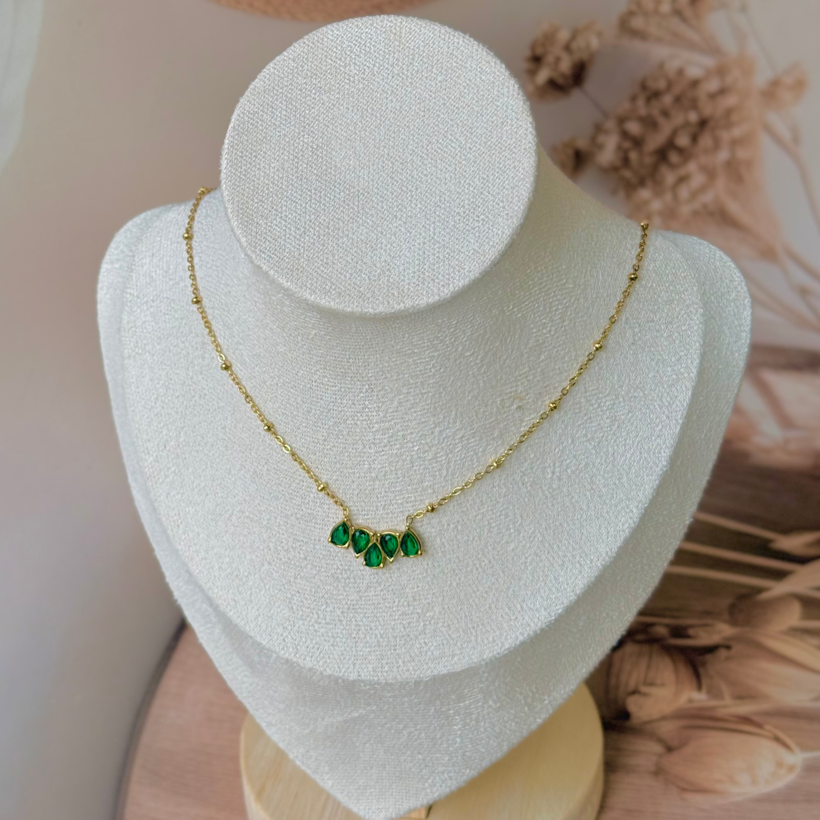 Emerald Drop Cluster Gold Necklace