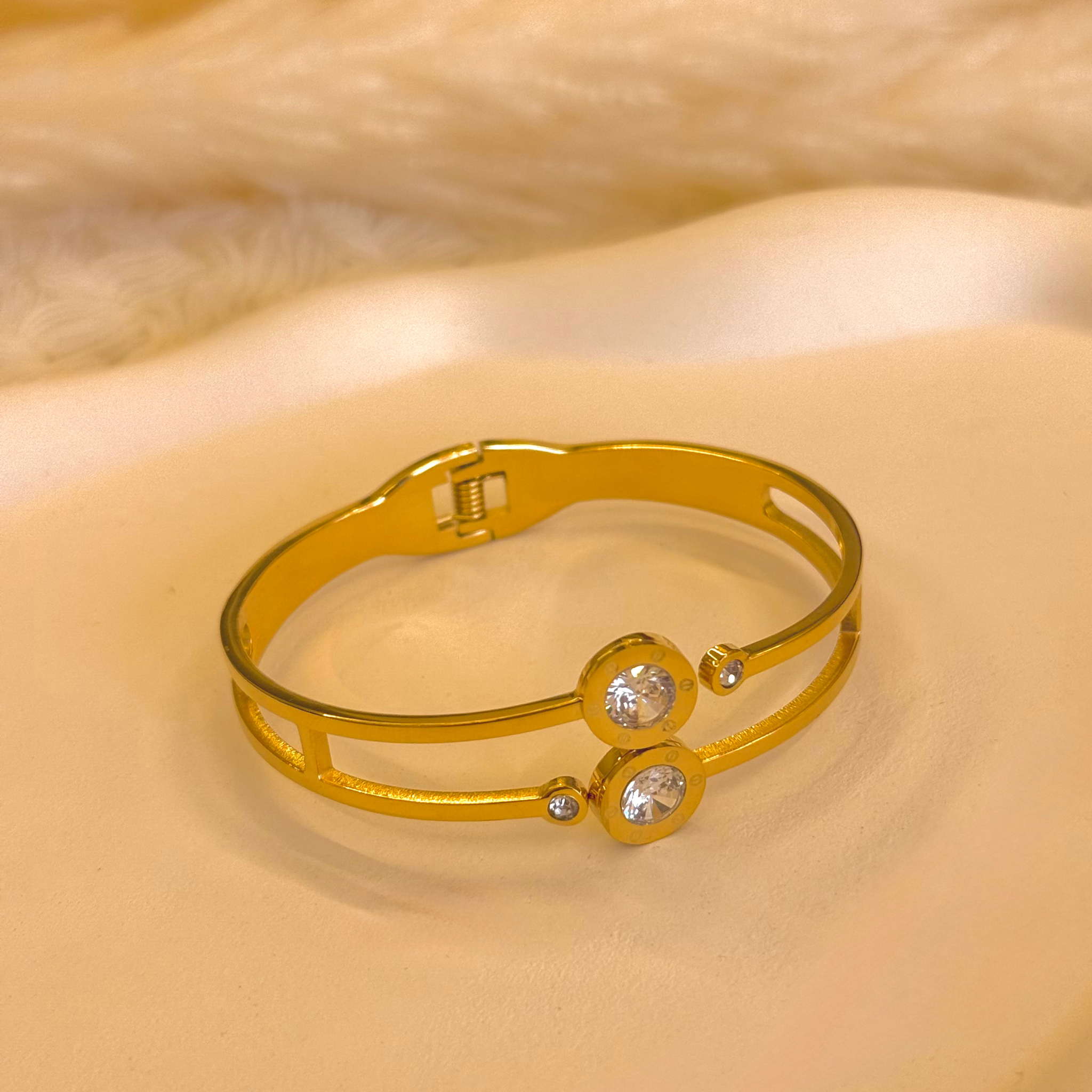 Twin Solitaire Cuff Gold Bangle