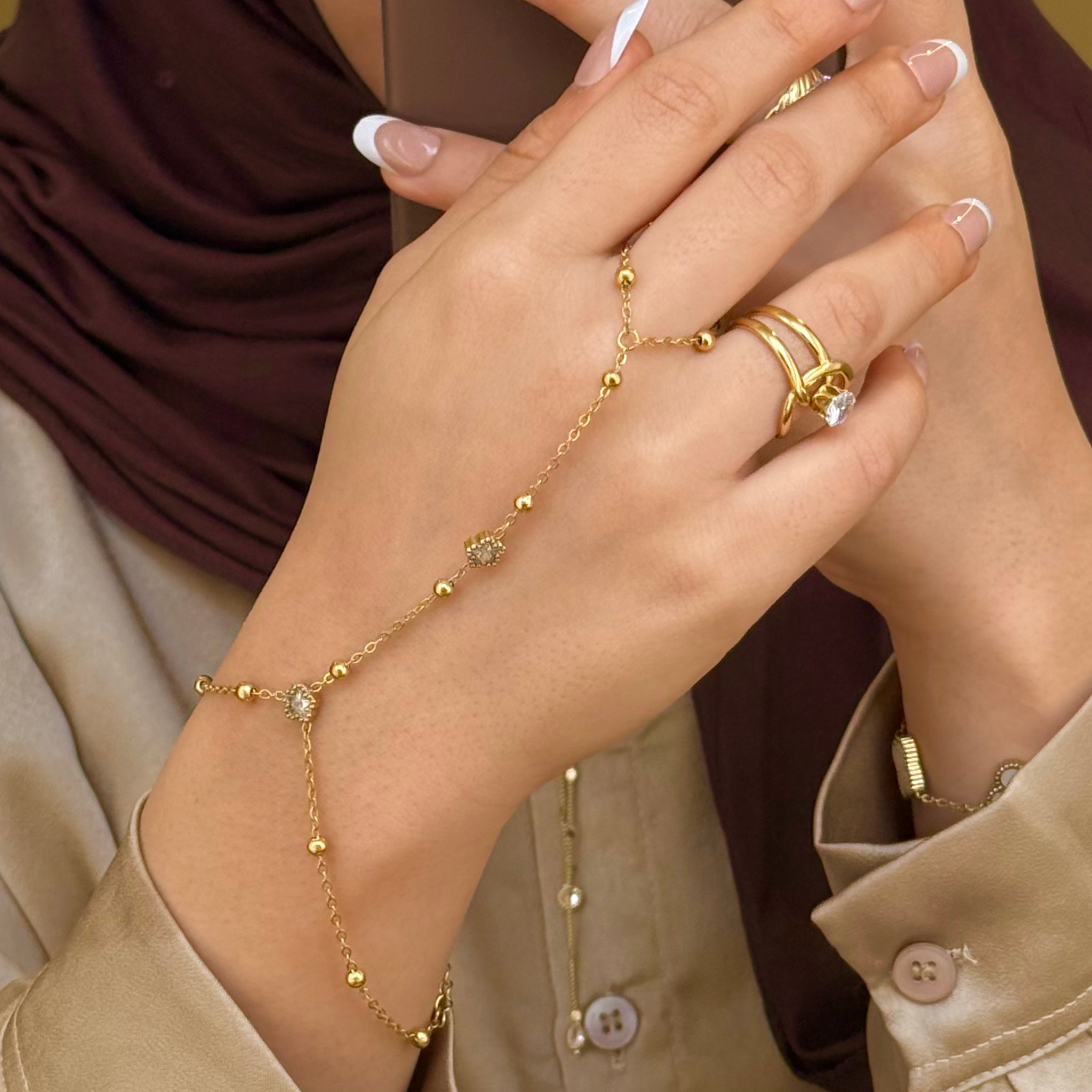 Classic Crystal Bead Gold Hand Chain